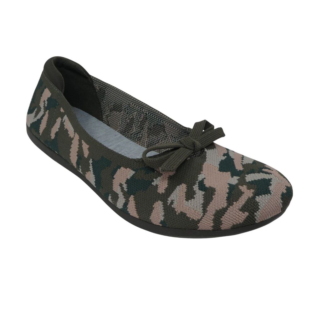 Camouflage Knit Ballet Flat with Bow - Olive/Beige